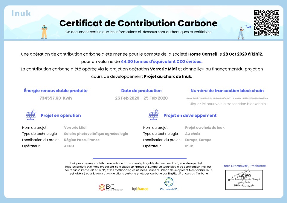 Inuk - Certificat de Contribution Carbone